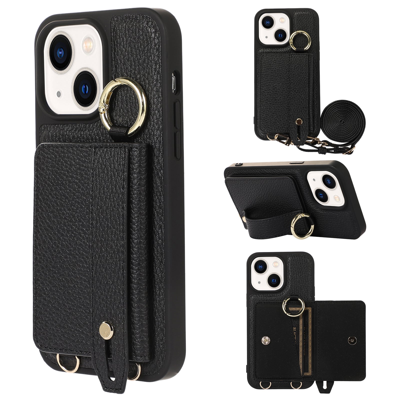 Anti-drop Cover for iPhone 14 Plus Card Holder Hand Strap Leather TPU Phone Kickstand Case with Shoulder Strap Anti-drop Cover for iPhone 14 Plus Card Holder Hand Strap Leather TPU Phone Kickstand Case with Shoulder Strap
